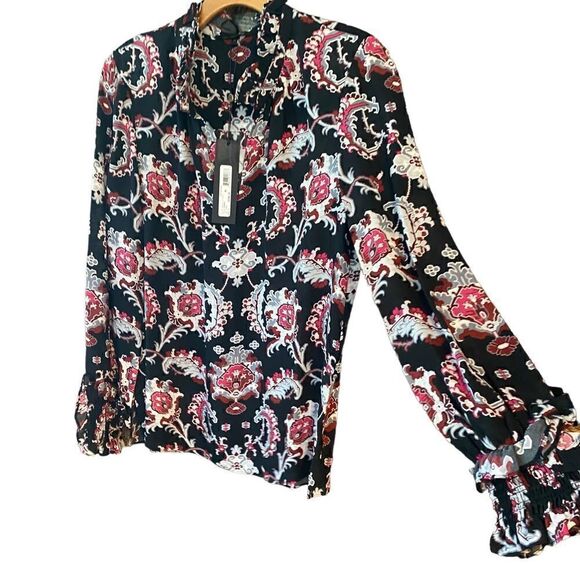 Kobi Halperin Sz M NWT Black Red Levi Ruffle Smocked Cuff Flowy 100% Silk Blouse - Picture 2 of 10